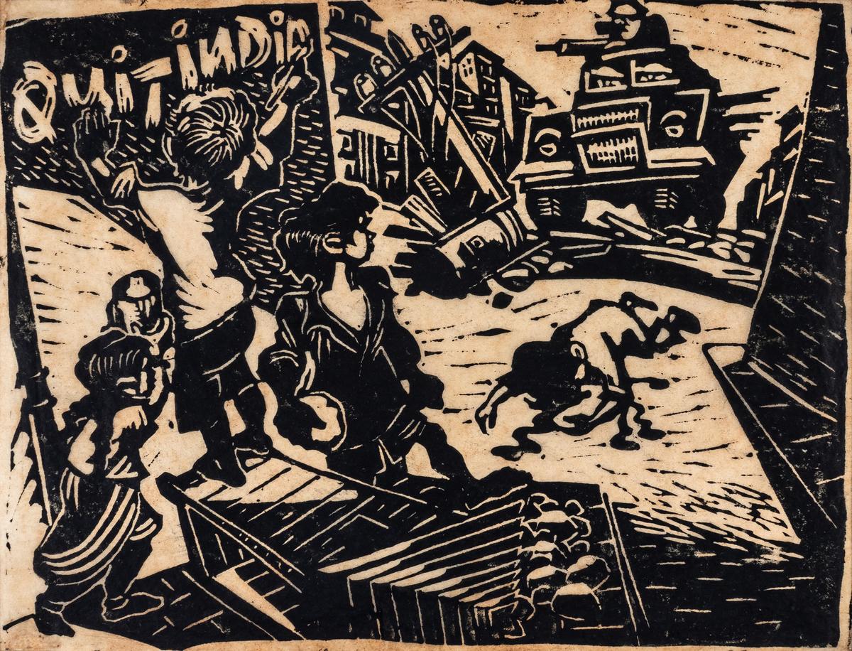 Quit India, 1942, linocut on paper by Chittaprosad.